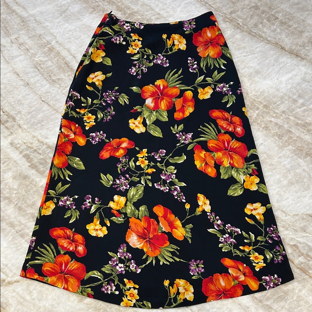 Jones New York Silk Floral A-line Midi Skirt – Black | Size 8P